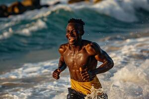 ai generiert Porträt von glücklich afrikanisch amerikanisch Mann lächelnd und suchen beim Kamera während Stehen auf Strand beim Sonne foto