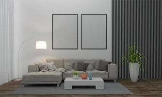 3D gerenderter moderner Wohnzimmerrahmen mit Sofa - Couch und Tisch foto