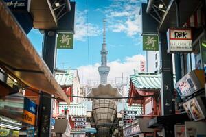 Tokyo Himmelsbaum beim Einkaufen Straße Nakamise Sensoji oder Asakusa kannon Tempel, gelegen im Asakusa. Wahrzeichen zum Tourist Attraktion. Tokio, Japan, 18 November 2023 foto