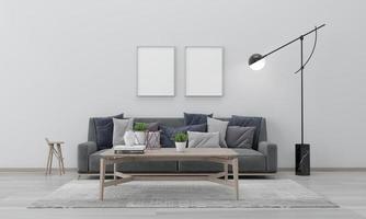 Realistisches Modell 3D gerendertes Interieur des modernen Wohnzimmers mit Sofa - Couch und Tisch foto