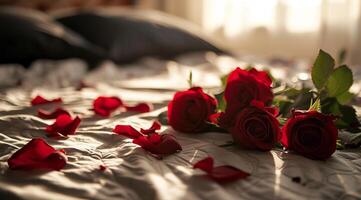 ai generiert rot Rosen auf das Bett im das Morgen. selektiv Fokus. Valentinstag Tag Konzept foto