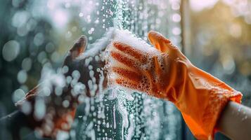 ai generiert Reinigung Konzept. Nahansicht von weiblich Hand im Orange Handschuhe Reinigung Fenster Feld mit Schwamm. foto