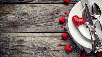 ai generiert romantisch Abendessen Rahmen mit Herz Akzente foto