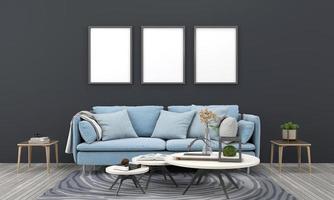 Realistisches Modell 3D gerendertes Interieur des modernen Wohnzimmers mit Sofa - Couch und Tisch foto