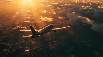 ai generiert schön Foto von Flugzeug auf Sonnenuntergang symbolisieren Freiheit von Bewegung. Konzept von Luft Transport