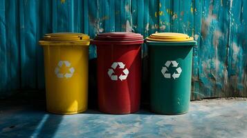 ai generiert Gelb, Grün und rot Müll Büchsen mit Recycling Symbol. das Konzept von Natur Erhaltung und trennen Abfall Sammlung foto