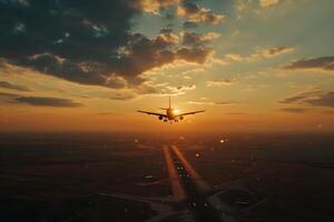 ai generiert schön Foto von Flugzeug auf Sonnenuntergang symbolisieren Freiheit von Bewegung. Konzept von Luft Transport