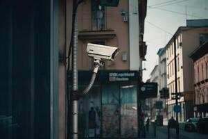 ai generiert Nahansicht von ein cctv Kamera. ständig Verfolgung Menschen oder Sozial Sicherheit Konzept foto