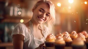 ai generiert heiter weiblich Bäcker Porträt stolz Anzeigen ihr lecker Kuchen, Sonnenlicht Hintergrund foto