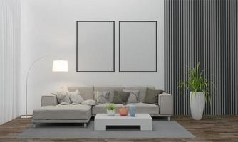 Realistisches Modell 3D gerendertes Interieur des modernen Wohnzimmers mit Sofa - Couch und Tisch foto