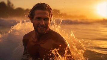ai generiert schließen oben von attraktiv Mann Schwimmen im Meer beim golden warm glühen von Sonnenuntergang umgeben durch Meer sprühen foto