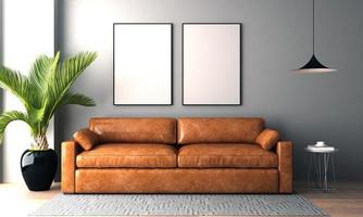 Realistisches Modell 3D gerendertes Interieur des modernen Wohnzimmers mit Sofa - Couch und Tisch foto