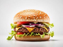 ai generiert köstlich Hamburger isoliert auf Weiß Hintergrund foto