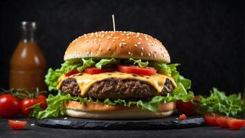 ai generiert lecker Cheeseburger mit Fleisch Tomaten und Grün Salat auf dunkel Hintergrund foto