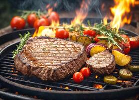 ai generiert gegrillt Rindfleisch Steak mit Gemüse auf das flammend Grill mit Hintergrund foto