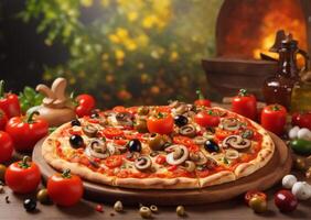 ai generiert Pizza Hähnchen Tomate Glocke Pfeffer Oliven Pilz mit nett Hintergrund foto