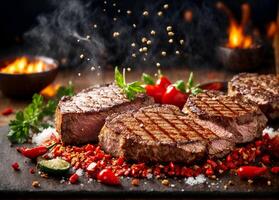 ai generiert gegrillt Schweinefleisch oder Rindfleisch Steaks mit Chili und Salz- sind fallen Nieder auf ein Hintergrund foto
