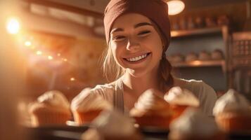 ai generiert heiter weiblich Bäcker Porträt stolz Anzeigen ihr lecker Kuchen, Sonnenlicht Hintergrund foto