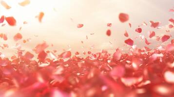 ai generiert rot Rose Blütenblätter sanft fallen im Sanft Sonnenlicht, fragil feminin Hintergrund foto