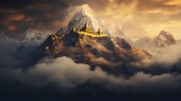 ai generiert majestätisch Buddhist Tempel eingebettet im neblig Berg Umfeld beim Dämmerung strahlt aus Gelassenheit foto