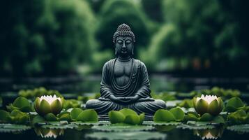 ai generiert meditativ Buddha Statue umgeben durch Blühen Lotusblumen im Ruhe Wasser von Teich foto