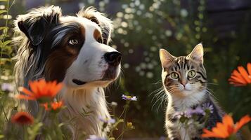 ai generiert liebenswert Katze und süß Hund im Grün Garten unter dick Gras und Blumen, aalen im Wärme foto