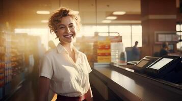 ai generiert Porträt von heiter lächelnd weiblich Kassierer im Lebensmittelgeschäft Geschäft symbolisiert freundlich Kunde Bedienung foto