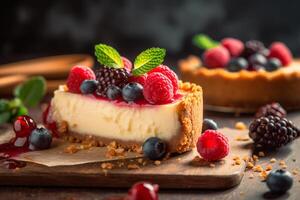 ai generiert Stück von Käsekuchen mit frisch Beeren Nahansicht auf ein hölzern Tafel foto