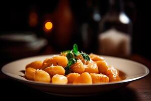 ai generiert Kartoffel Gnocchi im Tomate Soße mit Käse und Basilikum auf ein Teller foto