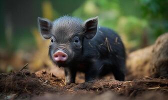 ai generiert das schwarz Ferkel war stöbern im das Boden foto