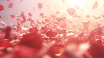 ai generiert rot Rose Blütenblätter sanft fallen im Sanft Sonnenlicht, fragil feminin Hintergrund foto