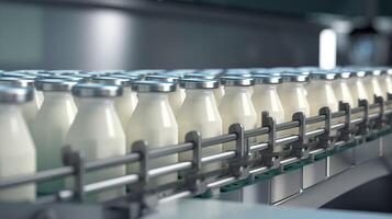 ai generiert rhythmisch Bewegung von Milch Flasche Förderer symbolisiert rationalisiert Prozess von Molkerei Produktion foto