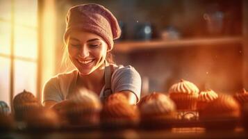 ai generiert heiter weiblich Bäcker Porträt stolz Anzeigen ihr lecker Kuchen, Sonnenlicht Hintergrund foto