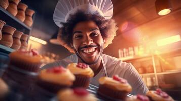 ai generiert heiter schwarz männlich Bäcker Porträt stolz Anzeigen seine lecker Kuchen, Sonnenlicht Hintergrund foto