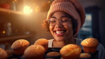 ai generiert heiter schwarz weiblich Bäcker Porträt stolz Anzeigen ihr lecker Kuchen, Sonnenlicht Hintergrund foto