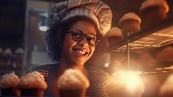 ai generiert heiter schwarz weiblich Bäcker Porträt stolz Anzeigen ihr lecker Kuchen, Sonnenlicht Hintergrund foto