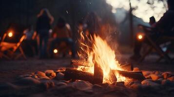 ai generiert warm gemütlich Lagerfeuer Flammen tanzen im Dämmerung mit Zelt Camping Hintergrund einladend Atmosphäre zum Camping foto