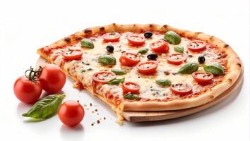 ai generiert Pizza mit Käse und Tomate isoliert auf Weiß Hintergrund foto