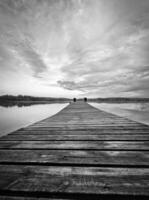 hölzern Steg vorspringend in ein Schwedisch See im schwarz und Weiß. Natur fotografieren foto