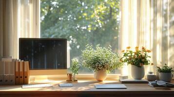 ai generiert sonnendurchflutet Zuhause Büro mit Blühen Pflanzen foto
