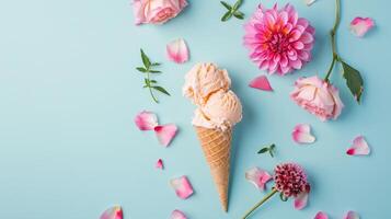 ai generiert Blumen- Eis Sahne Kegel mit Blütenblätter auf Blau Hintergrund foto