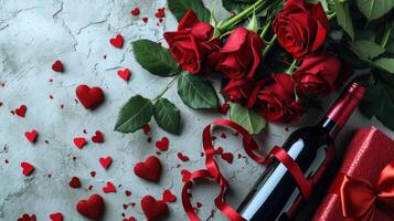 ai generiert elegant romantisch Überraschung mit Wein und Rosen foto