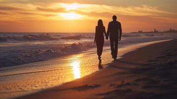 ai generiert spazieren gehen Hand im Hand Sonnenuntergang Strand gehen foto