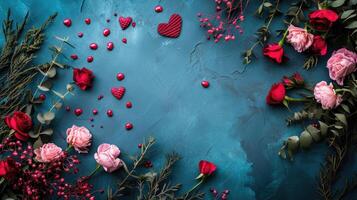 ai generiert zauberhaft Rosen und Herzen auf ein Blau Textur foto