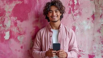 ai generiert jung indo asiatisch Mann mit Handy, Mobiltelefon Telefon auf Grunge Rosa Mauer Hintergrund im Studio. foto
