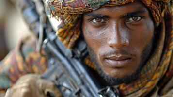 ai generiert arabisch jemenitisch Soldat posiert zum das Kamera. foto