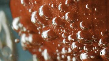 schließen oben von Sanft rot Blume Blütenblätter Innerhalb Glas Container mit transparent Wasser. Lager Filmaufnahme. Bewegung von Luft Blasen. foto