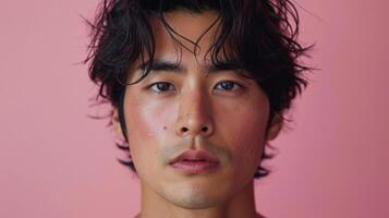 ai generiert Porträt von ein gut aussehend jung asiatisch Mann mit nass Haar auf ein Rosa Hintergrund foto