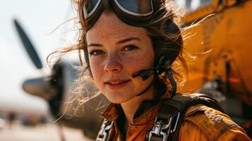 ai generiert Porträt von jung weiblich Pilot Stehen mit ihr Flugzeug im das Hintergrund foto