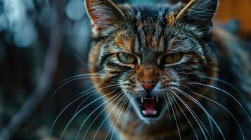 ai generiert Nahansicht Porträt von ein Katze mit öffnen Mund, Tier Tollwut. foto